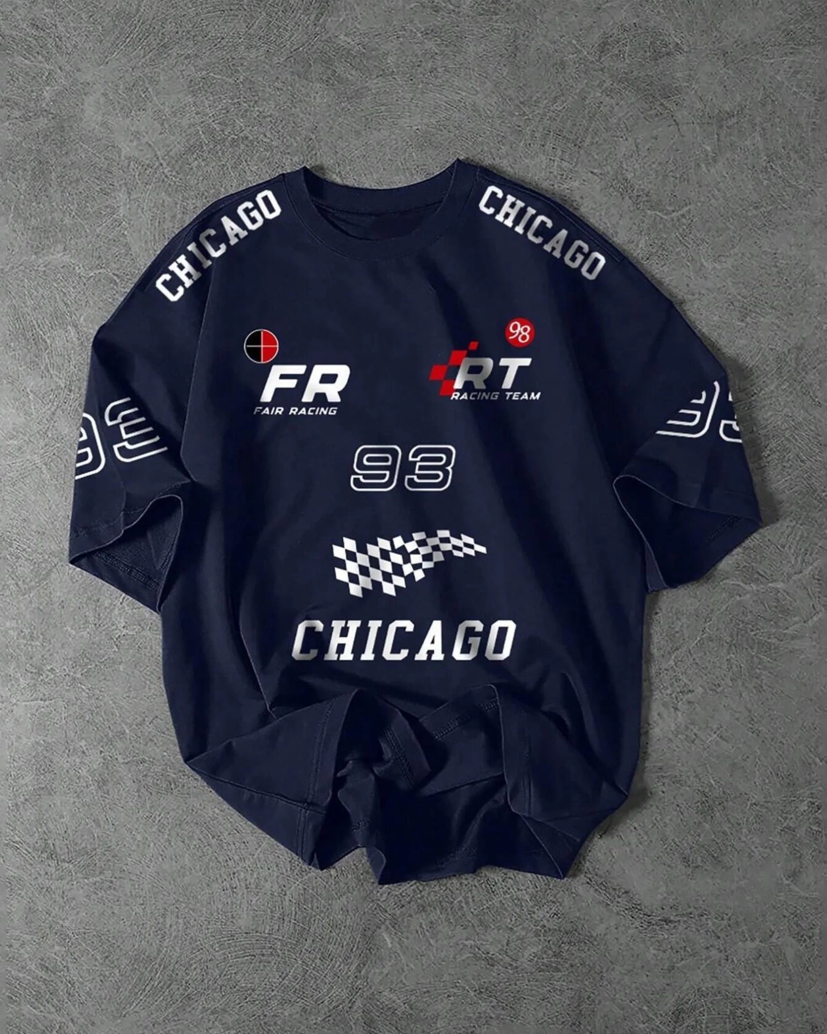 Team FR Chicago Graphic Drop Shoulder Oversized T-shirt Navy - Image 3