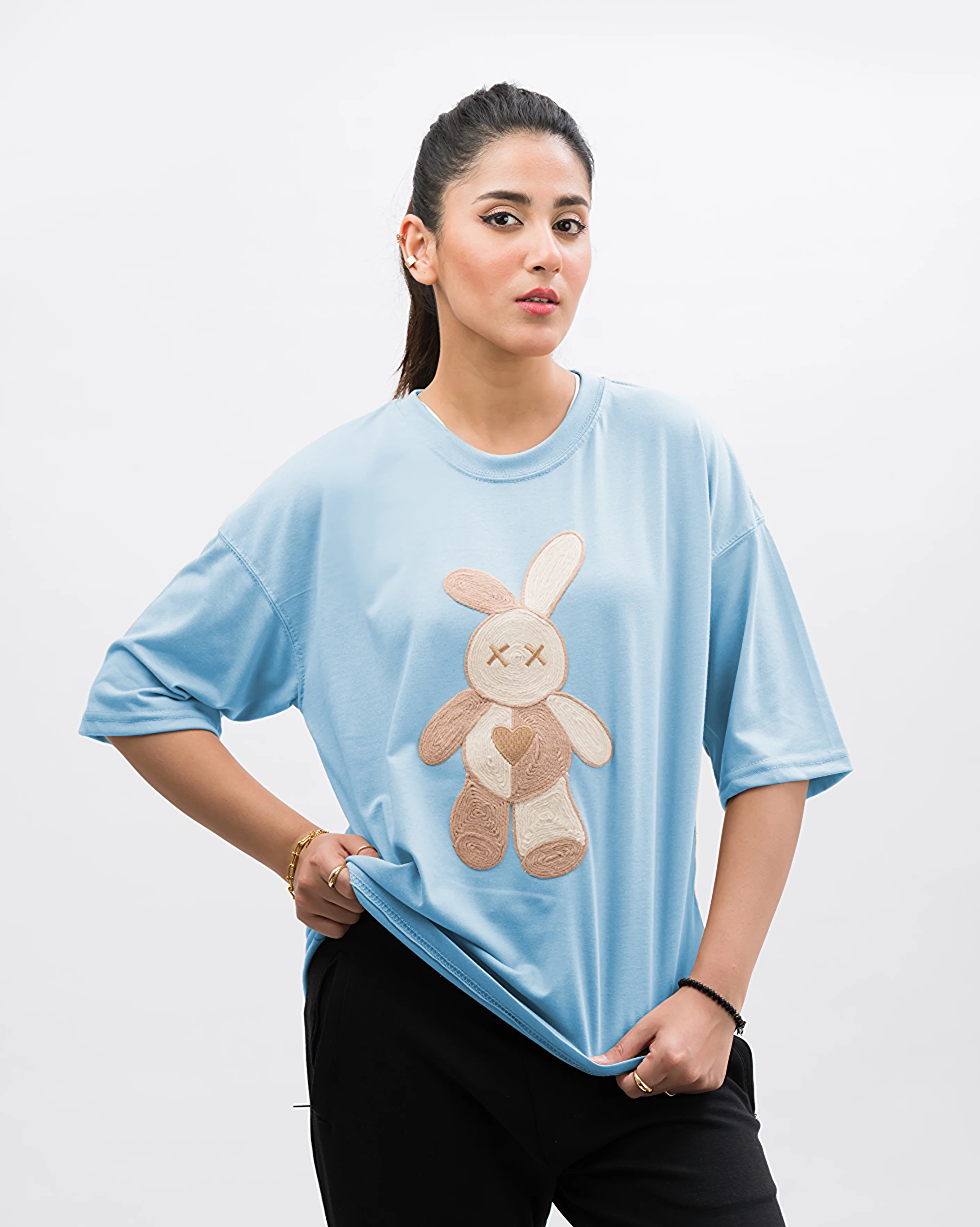 Teddy Caramel Embroidered Patched Drop Shoulder Oversized Tee Sky Blue
