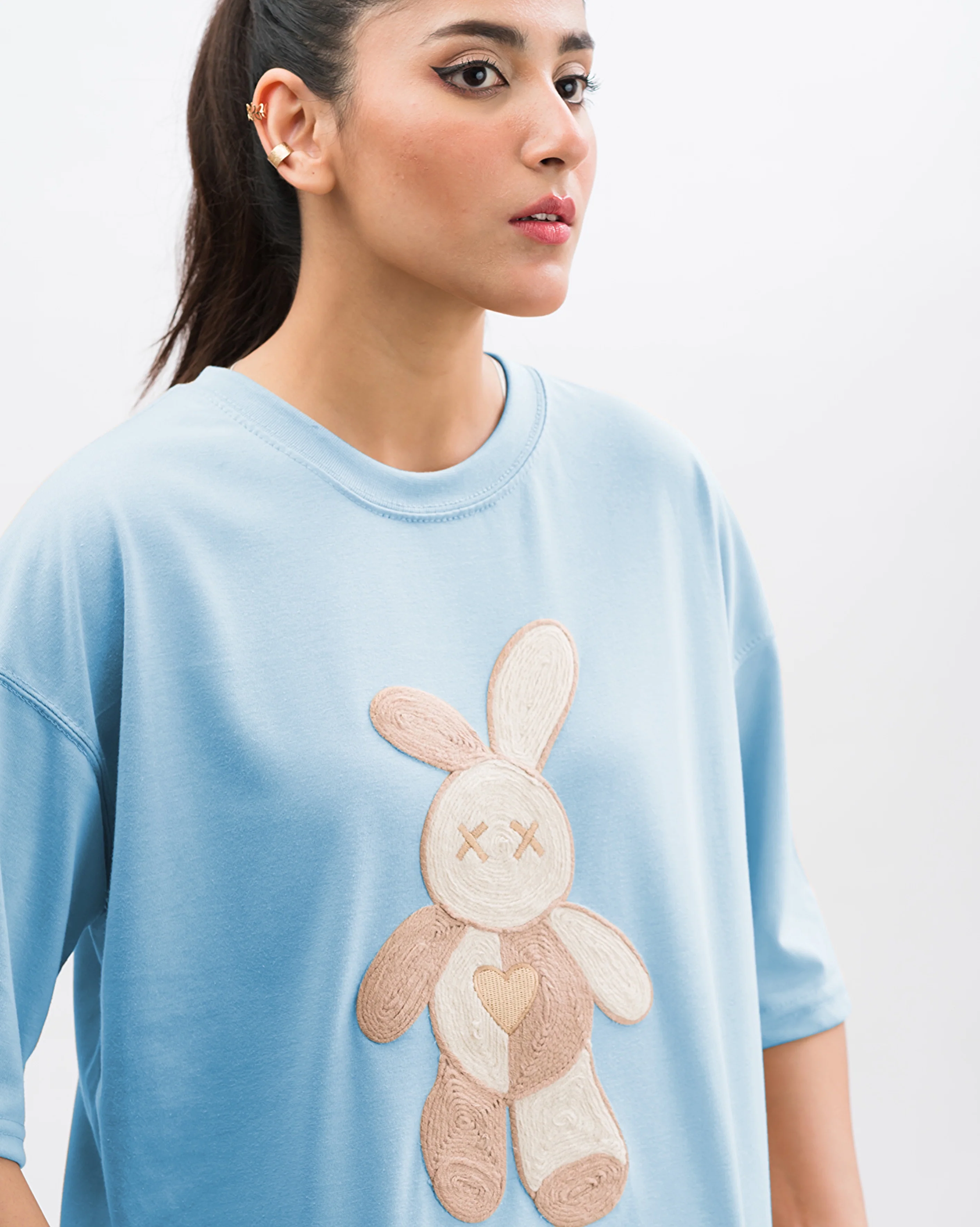 Teddy Caramel Embroidered Patched Drop Shoulder Oversized Tee Sky Blue - Image 2