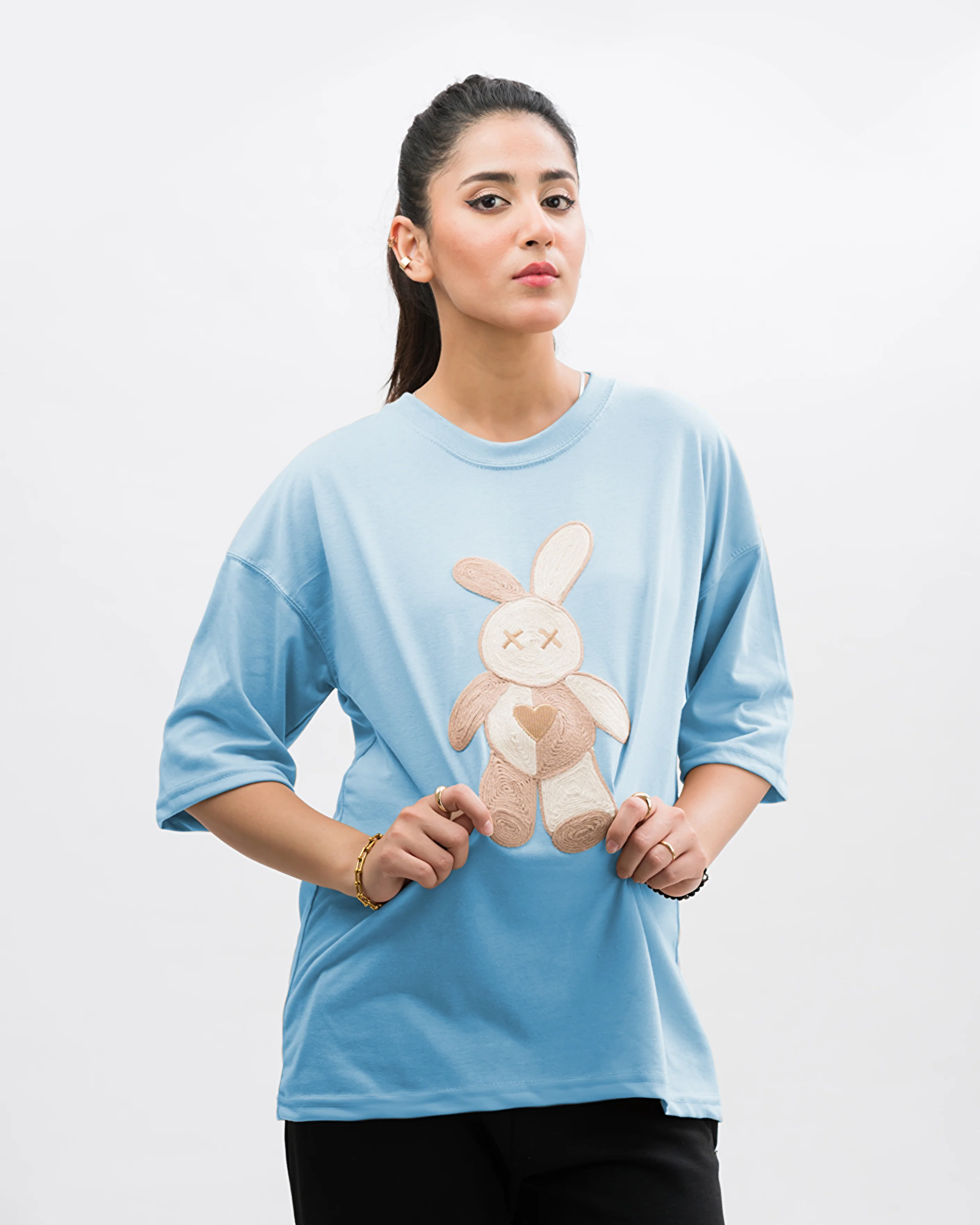Teddy Caramel Embroidered Patched Drop Shoulder Oversized Tee Sky Blue - Image 3