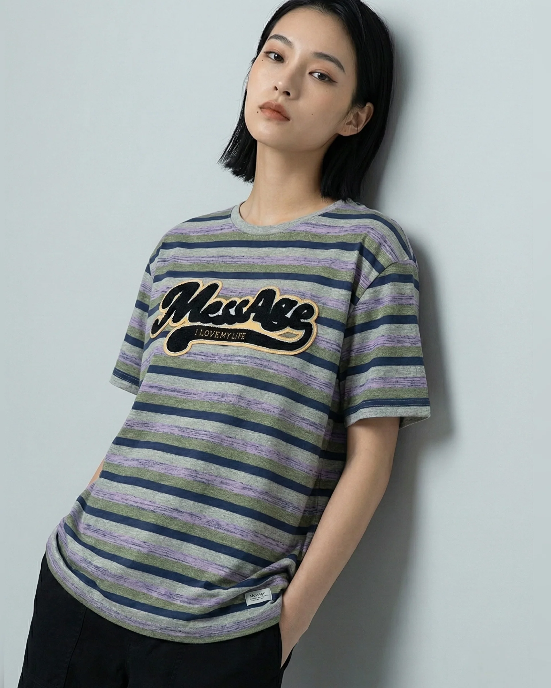 Message Striped Embroidered Patched Oversized Tee - Image 2