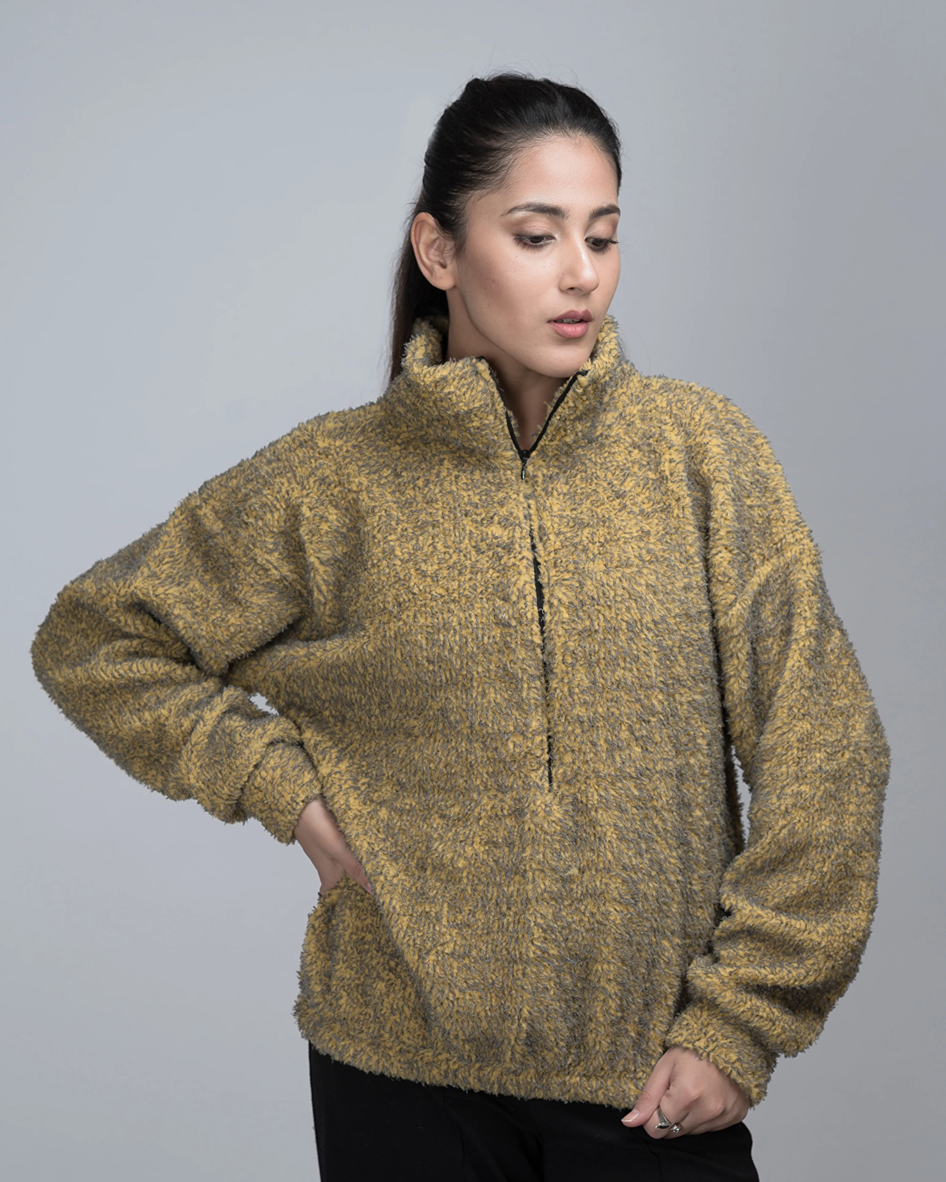 Old Monery Chic Tweed Woolen Sherpa Movkneck Half Zip Oversized Sweater