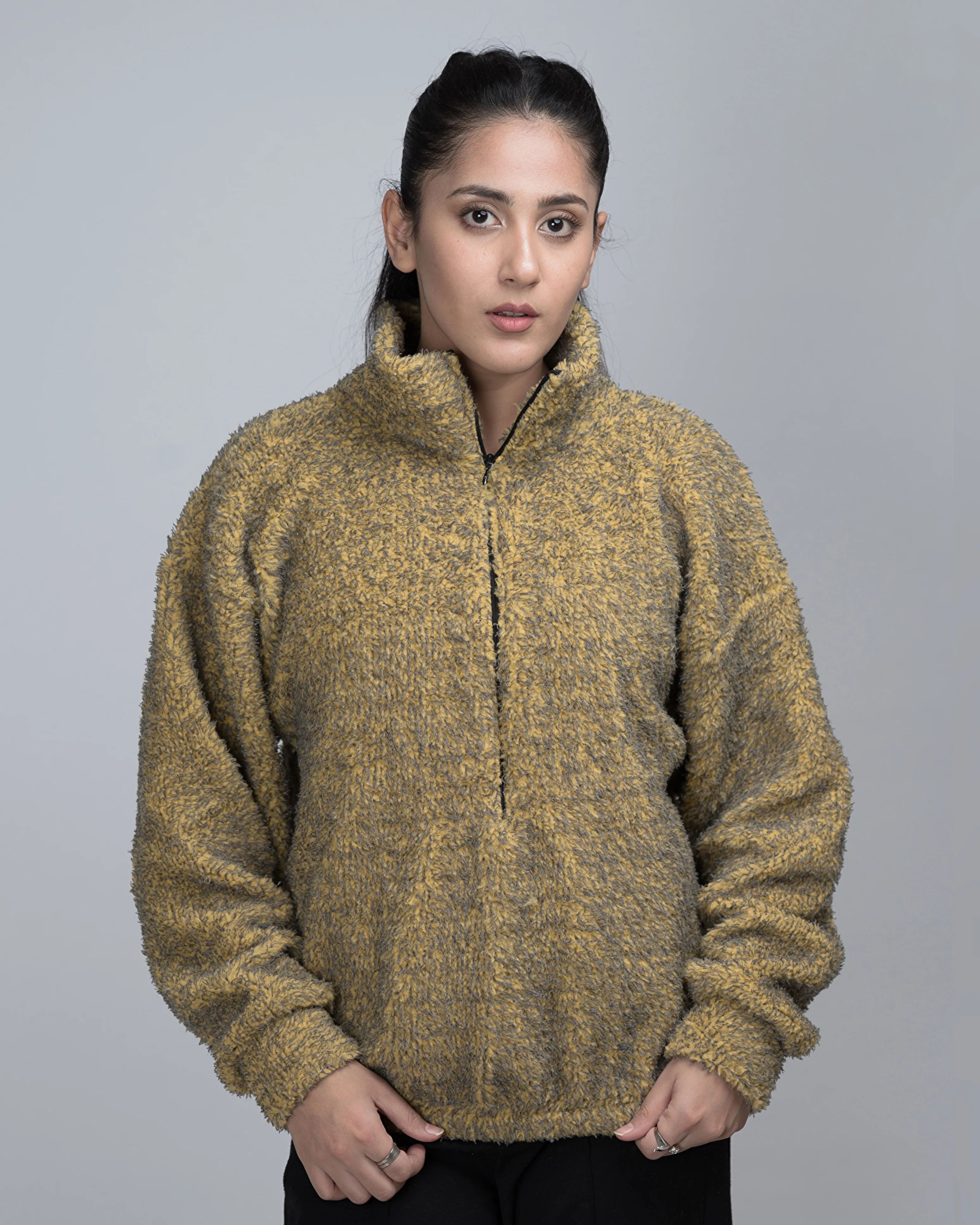 Old Monery Chic Tweed Woolen Sherpa Movkneck Half Zip Oversized Sweater - Image 2