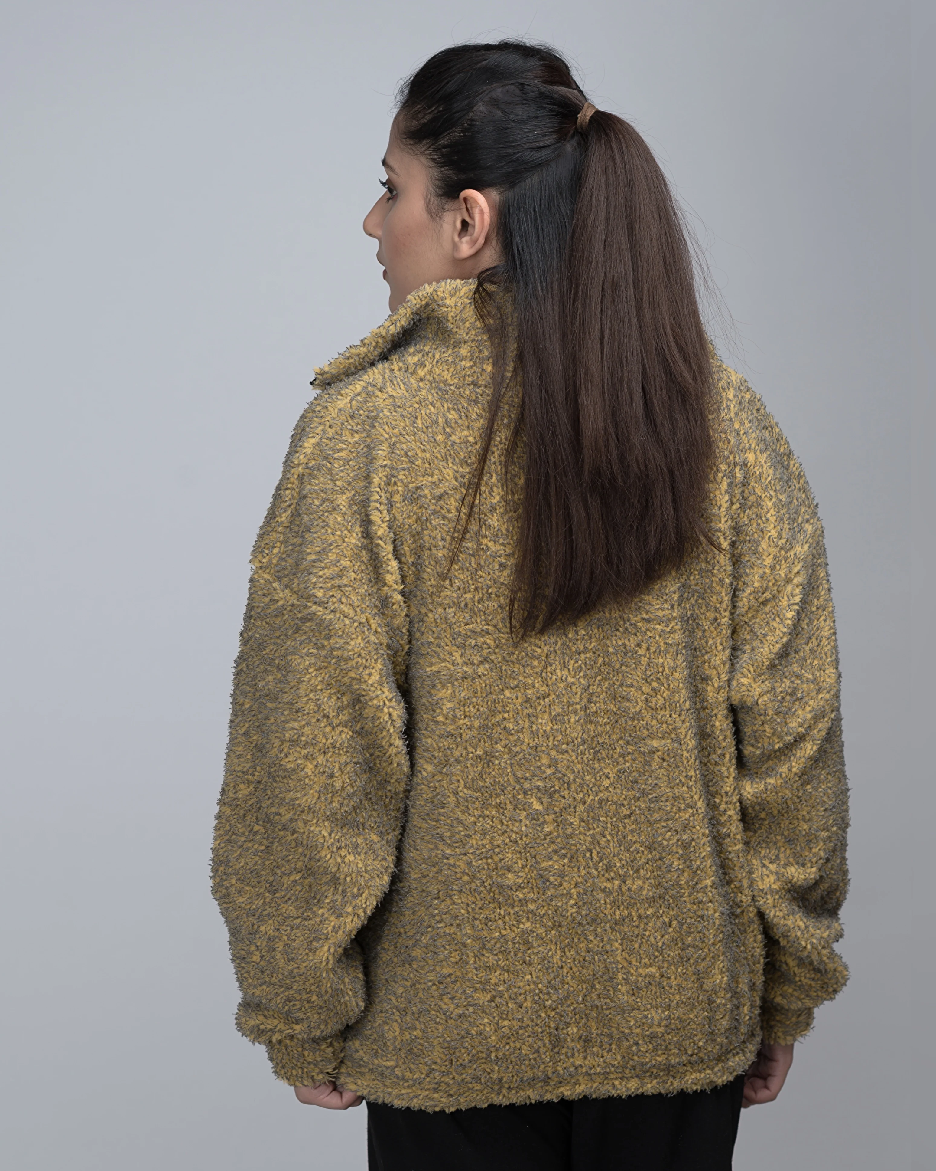Old Monery Chic Tweed Woolen Sherpa Movkneck Half Zip Oversized Sweater - Image 5
