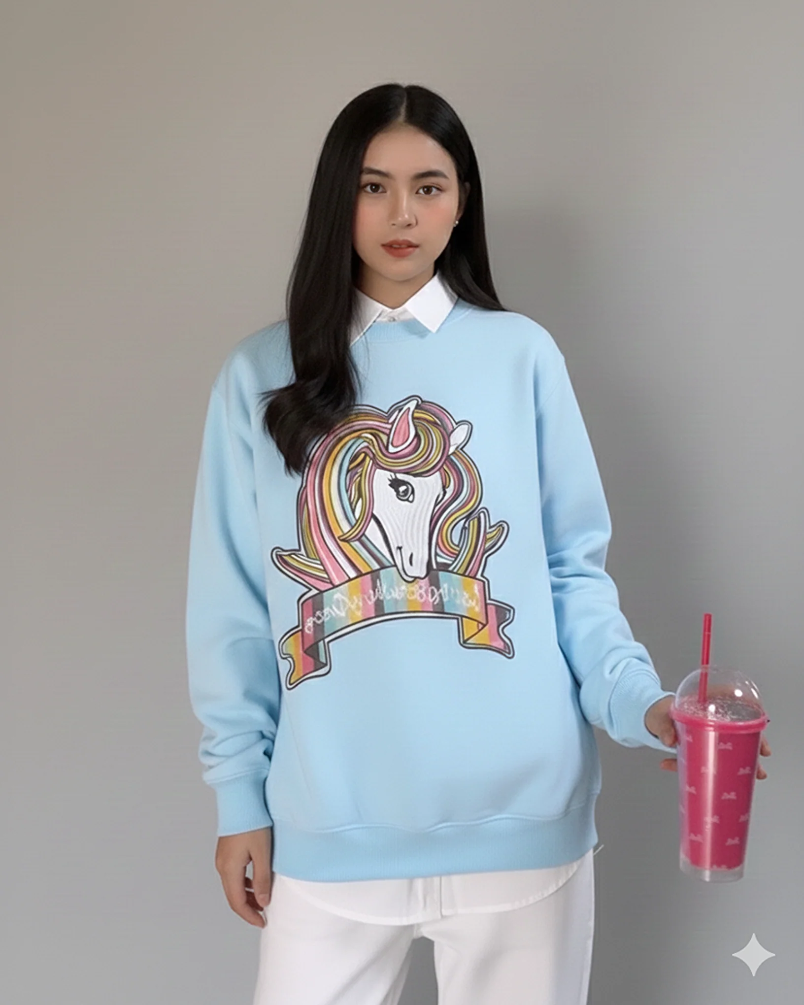 Unicorn Graphic Patched Oversized Sweatshirt Blue