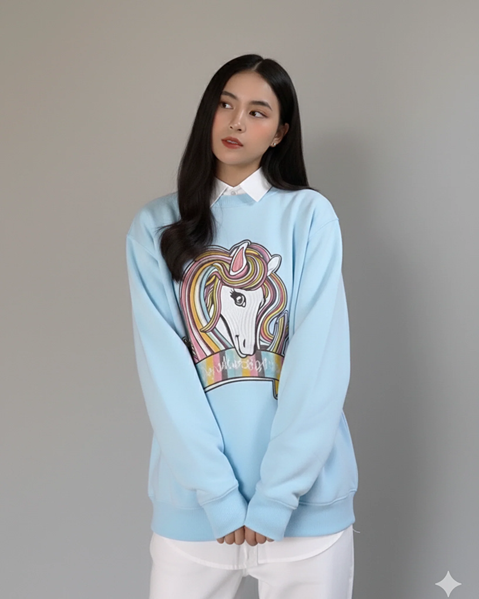 Unicorn Graphic Patched Oversized Sweatshirt Blue - Image 2