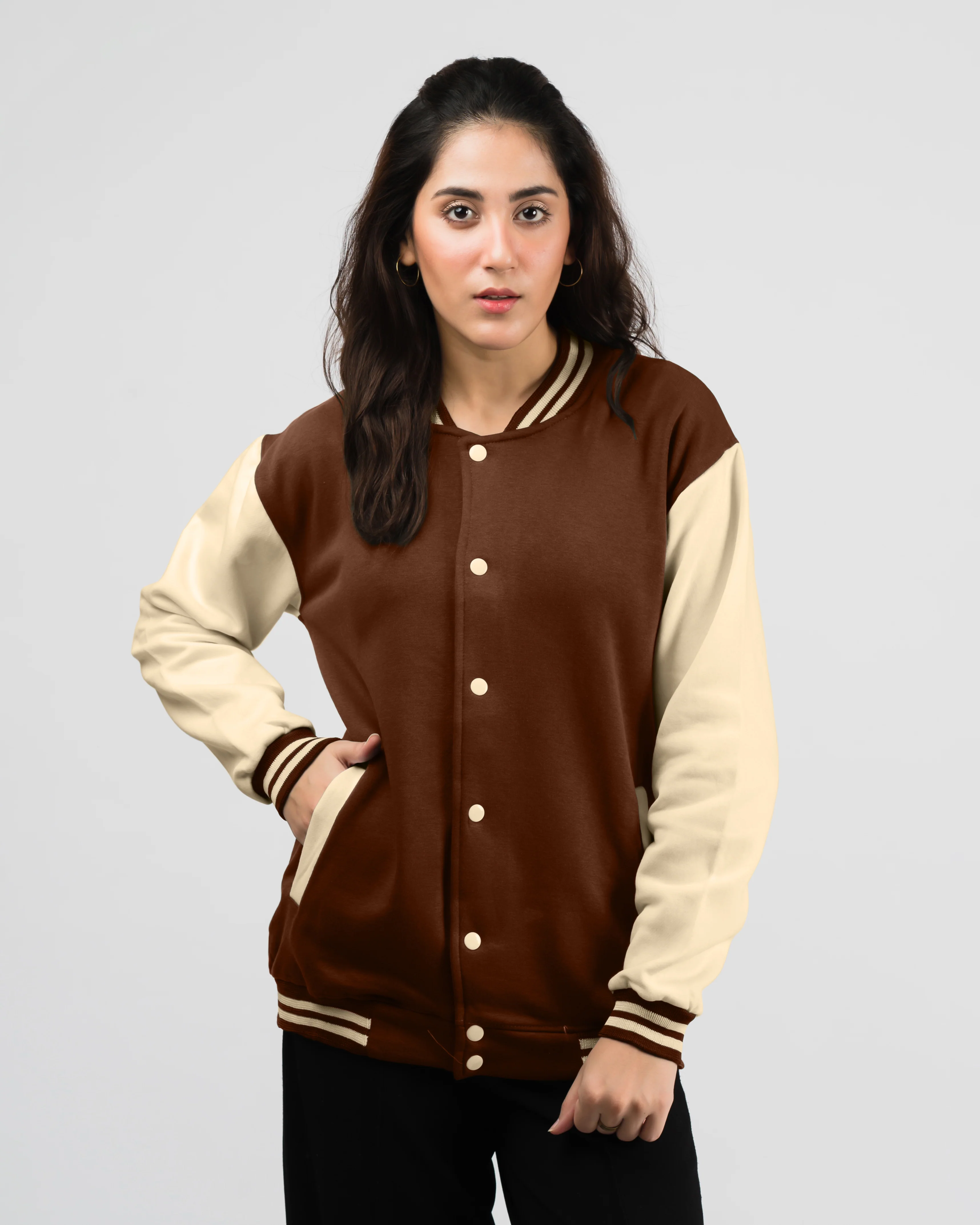 Women's Button Down Baseball Varsity Bomber Jacket Brownie