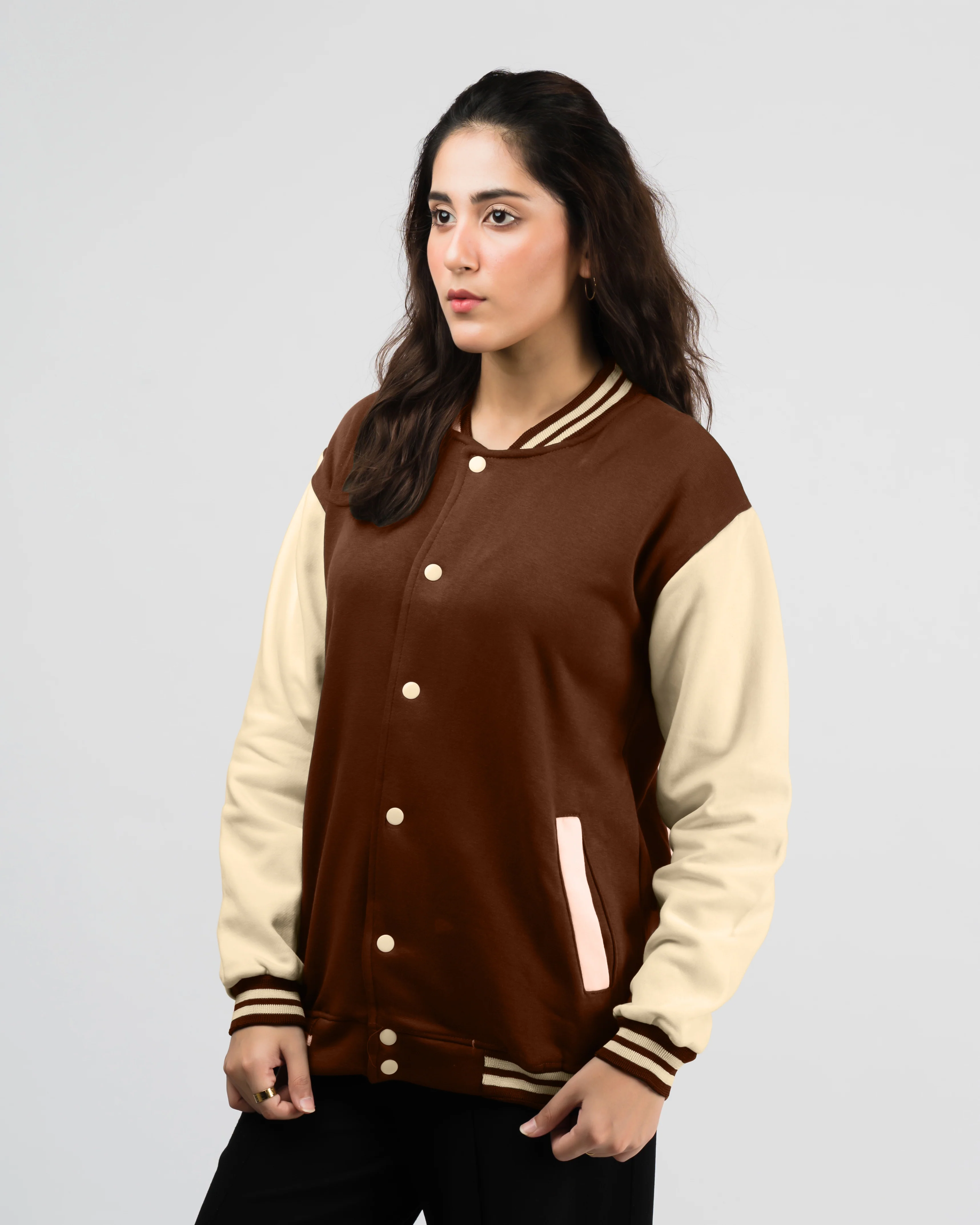Women's Button Down Baseball Varsity Bomber Jacket Brownie - Image 2