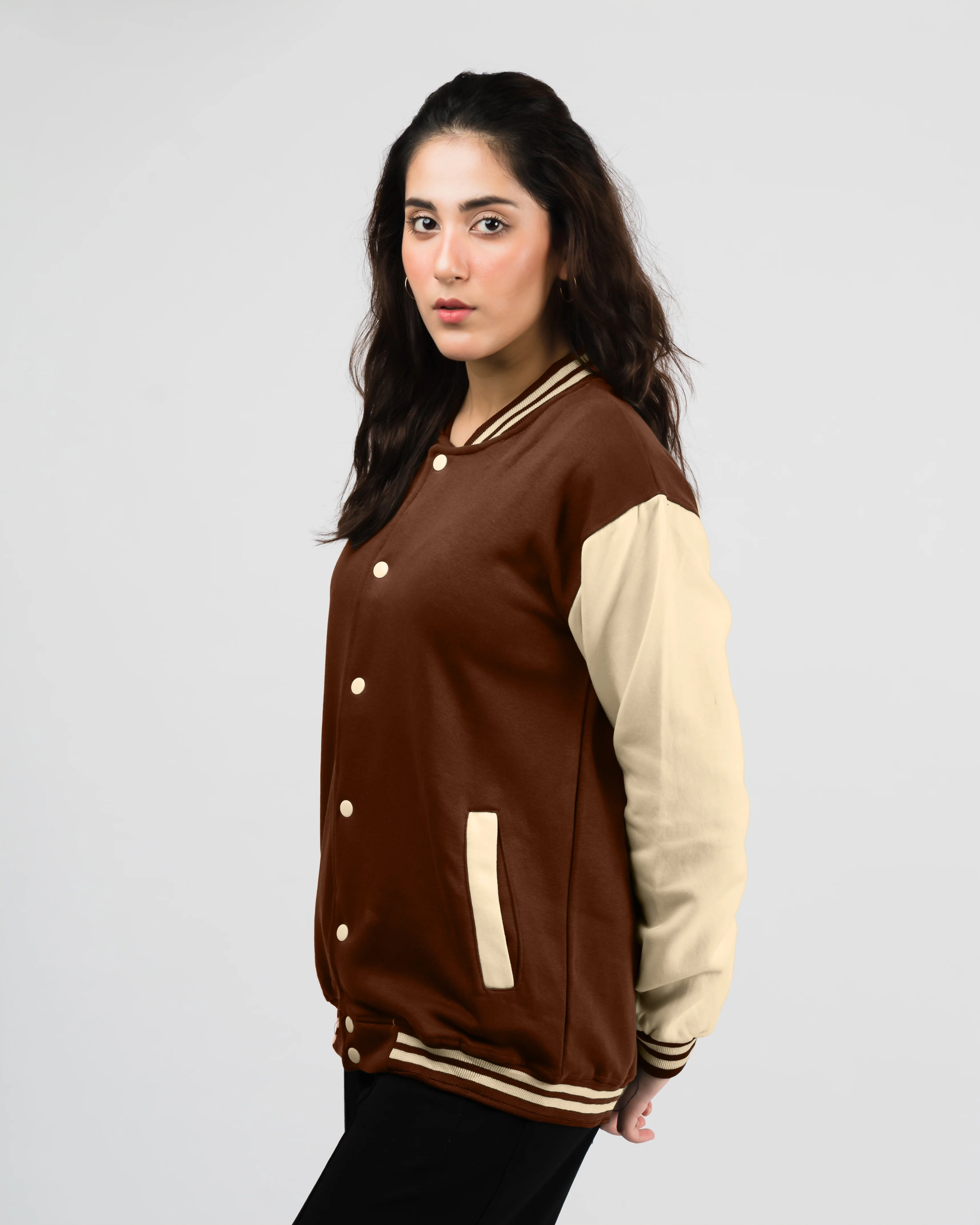 Women's Button Down Baseball Varsity Bomber Jacket Brownie - Image 3