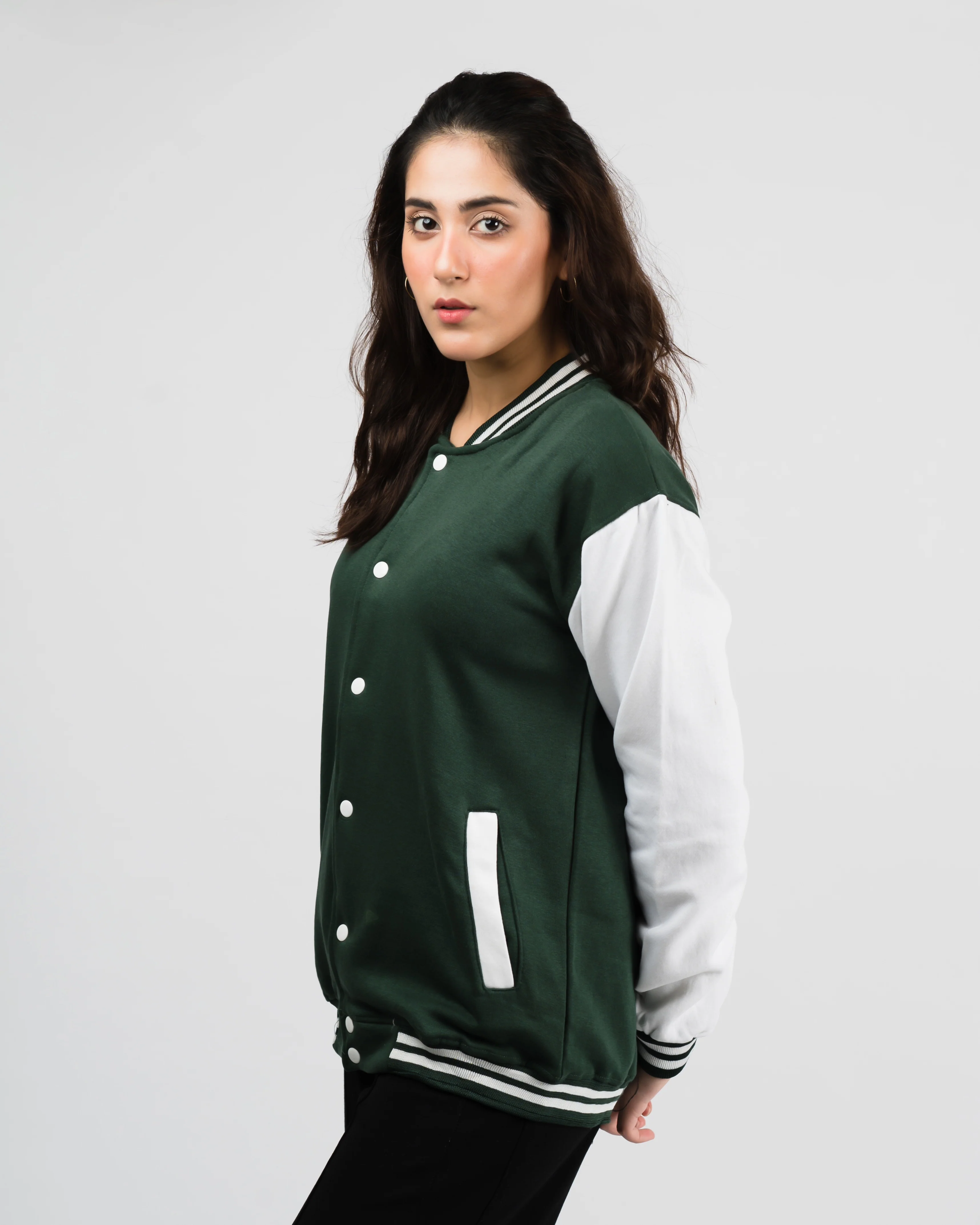 Women's Button Down Baseball Varsity Bomber Jacket Green - Image 3